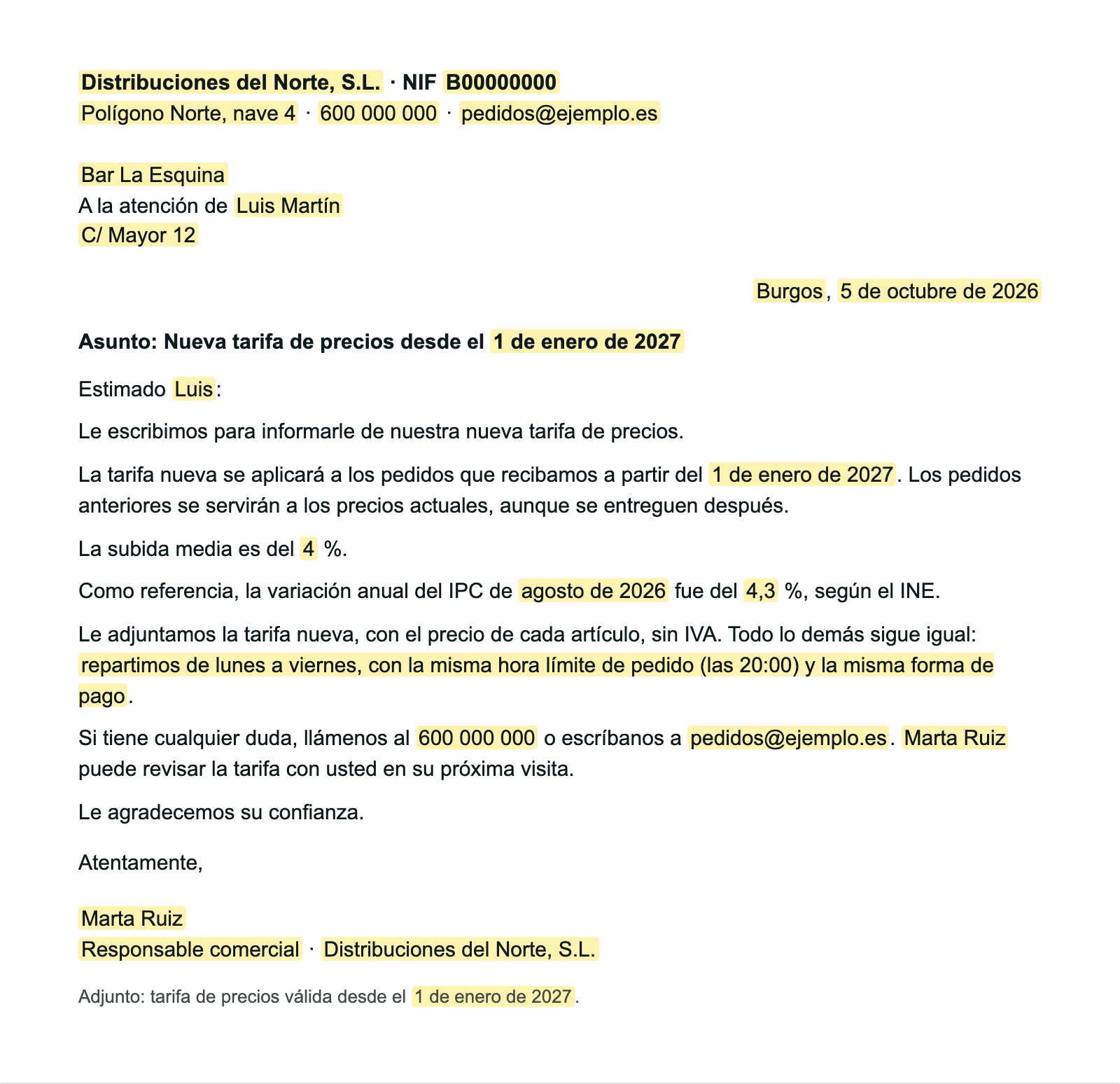 Ejemplo del modelo 1 rellenado. Distribuciones del Norte escribe al Bar La Esquina el 5 de octubre de 2026. Su tarifa sube un 4 % de media para los pedidos que la distribuidora reciba desde el 1 de enero de 2027; los anteriores se sirven a los precios actuales. Como referencia, cita el IPC de agosto de 2026: un 4,3 %, según el INE. Adjunta la tarifa nueva, sin IVA, y dice que el reparto, la hora límite de las 20:00 y la forma de pago no cambian. En amarillo, los datos que se han cambiado.